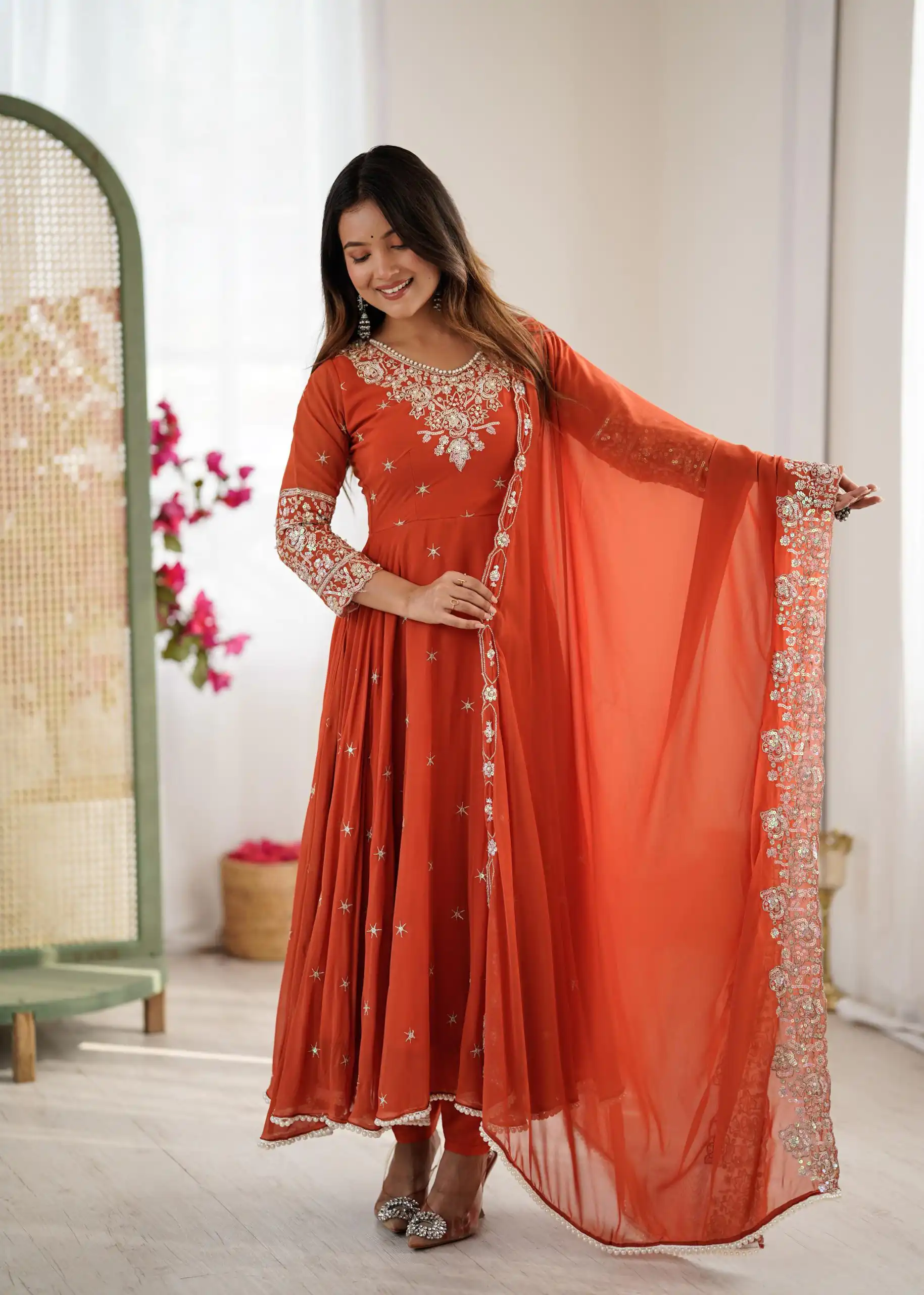 Orange Blooming Faux Embroidery Work Gown - Image 2