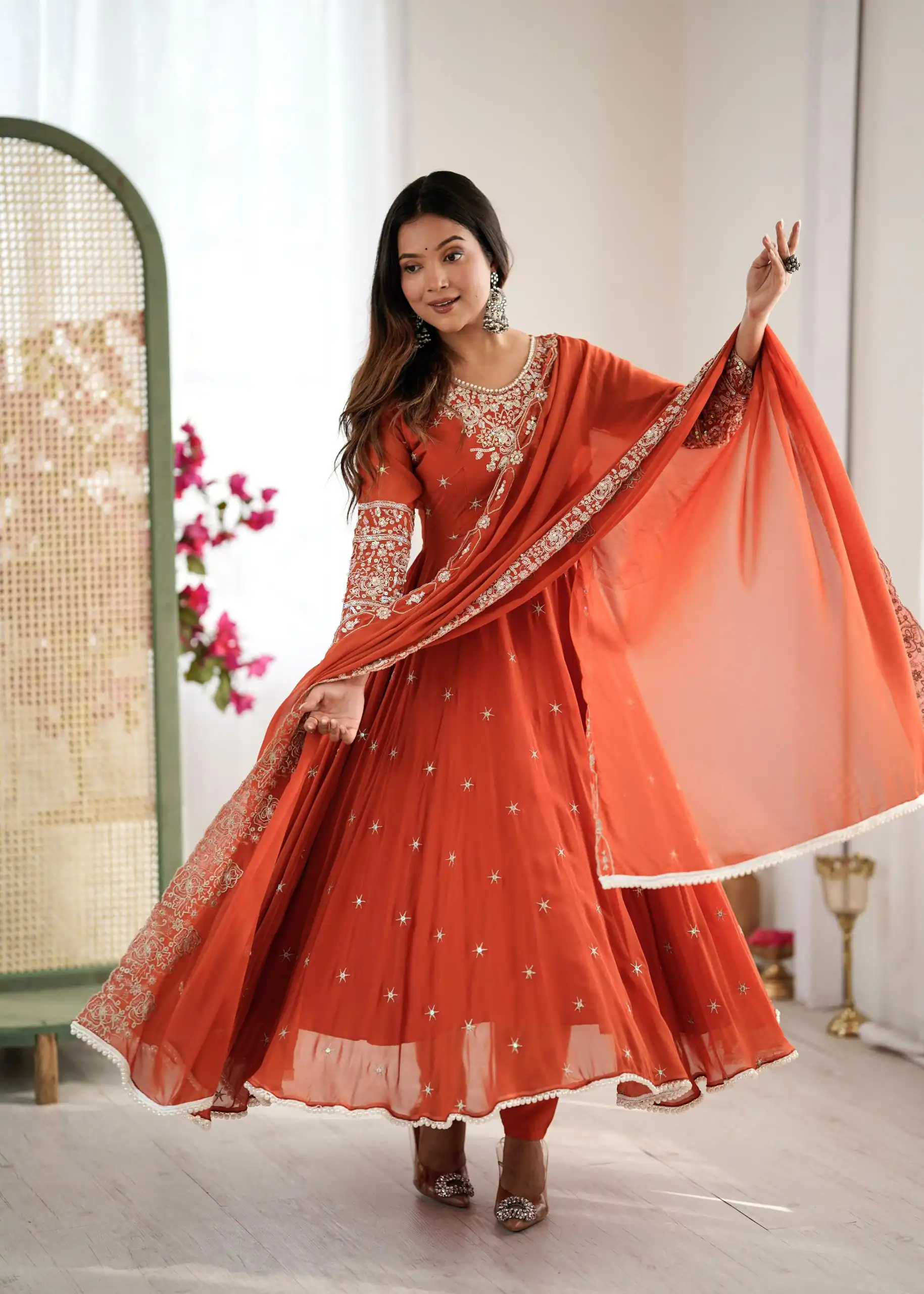 Orange Blooming Faux Embroidery Work Gown