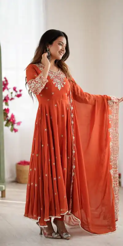 ZF 5012 Orange Blooming Faux Gown with Embroidery Work. Wedding, Party, Festive, Events Grab it for ₹2149. Delivery 4-6 Working Days. Shop now. | Lehenga, Bollywood Lehenga, Creative Lehenga, Designer Lehenga, Embroidered Lehenga, Party Wear Lehenga