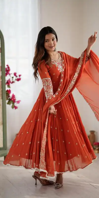 ZF 5012 Orange Blooming Faux Gown with Embroidery Work. Wedding, Party, Festive, Events Grab it for ₹2149. Delivery 4-6 Working Days. Shop now. | Lehenga, Bollywood Lehenga, Creative Lehenga, Designer Lehenga, Embroidered Lehenga, Party Wear Lehenga