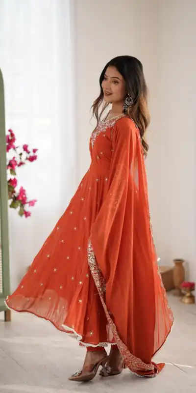 ZF 5012 Orange Blooming Faux Gown with Embroidery Work. Wedding, Party, Festive, Events Grab it for ₹2149. Delivery 4-6 Working Days. Shop now. | Lehenga, Bollywood Lehenga, Creative Lehenga, Designer Lehenga, Embroidered Lehenga, Party Wear Lehenga