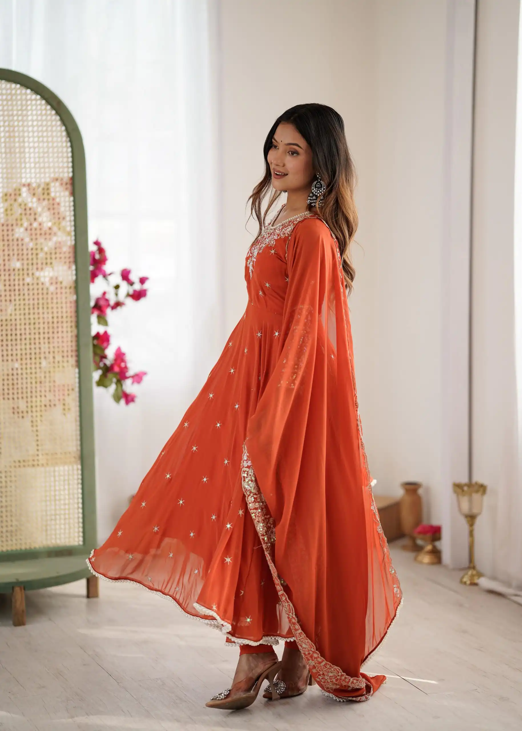 ZF 5012 Orange Blooming Faux Gown with Embroidery Work. Wedding, Party, Festive, Events Grab it for ₹2149. Delivery 4-6 Working Days. Shop now. | Lehenga, Bollywood Lehenga, Creative Lehenga, Designer Lehenga, Embroidered Lehenga, Party Wear Lehenga