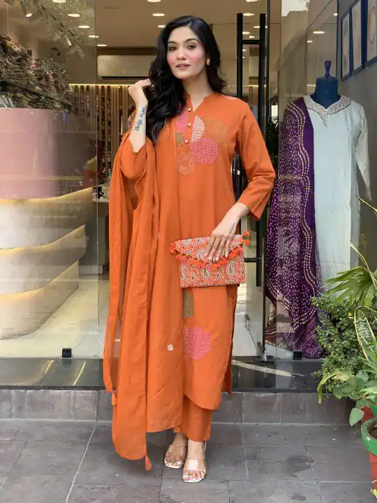 Orange Chanderi Embroidery Mirror Work Salar Suit
