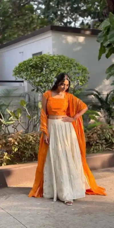 Orange Jacquard Silk Printed Lehenga Choli