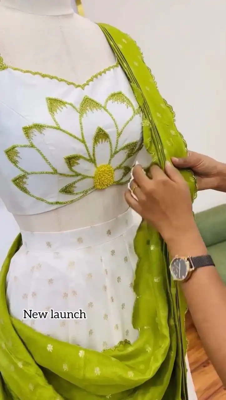 Parrot Green Chinon Digital Print Lehenga Choli - Image 4