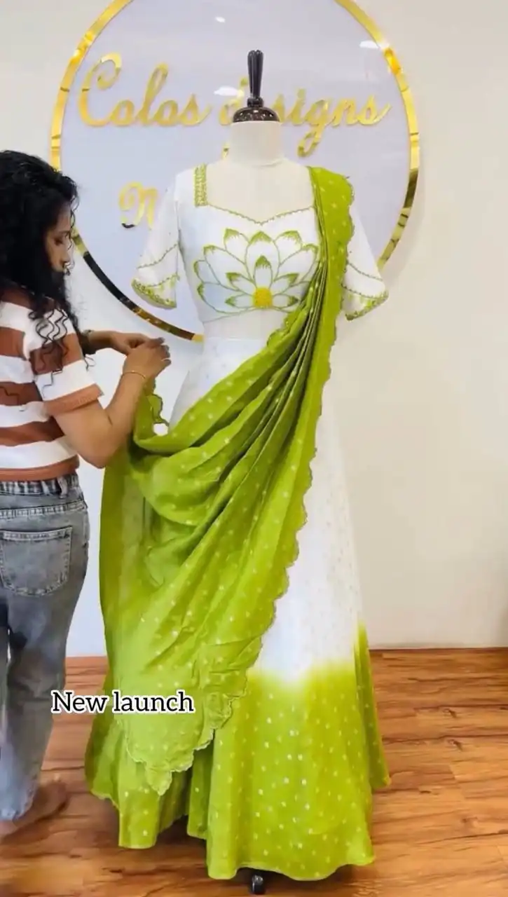 Parrot Green Chinon Digital Print Lehenga Choli - Image 3