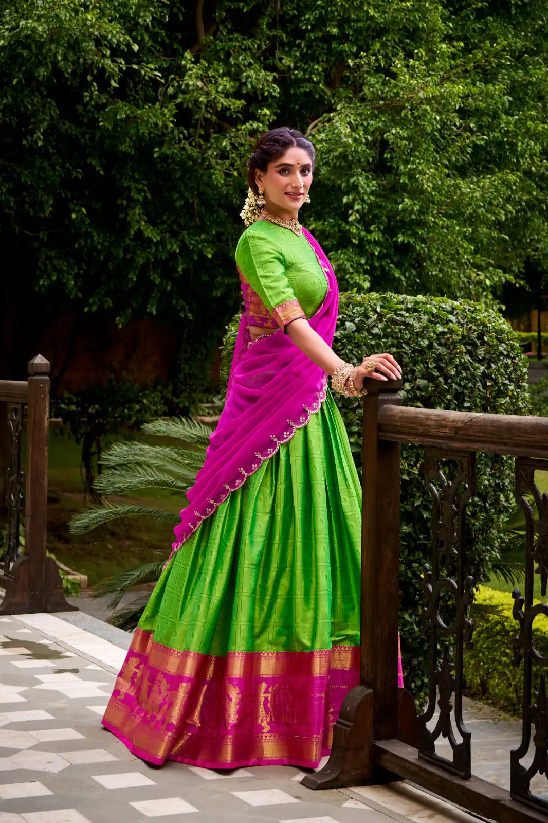 Parrot Green Poly Cotton Embroidery Zari Work Lehenga Choli - Image 3