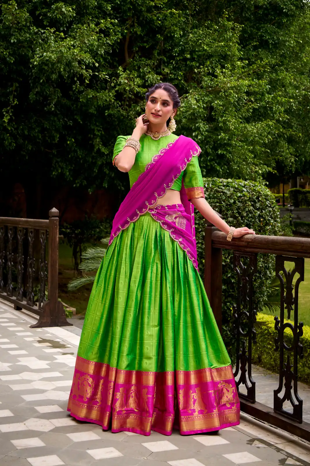 Parrot Green Poly Cotton Embroidery Zari Work Lehenga Choli - Image 2