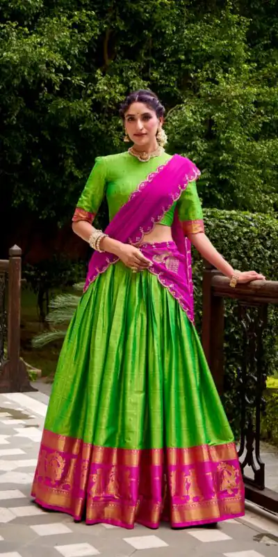 Parrot Green Poly Cotton Embroidery Zari Work Lehenga Choli