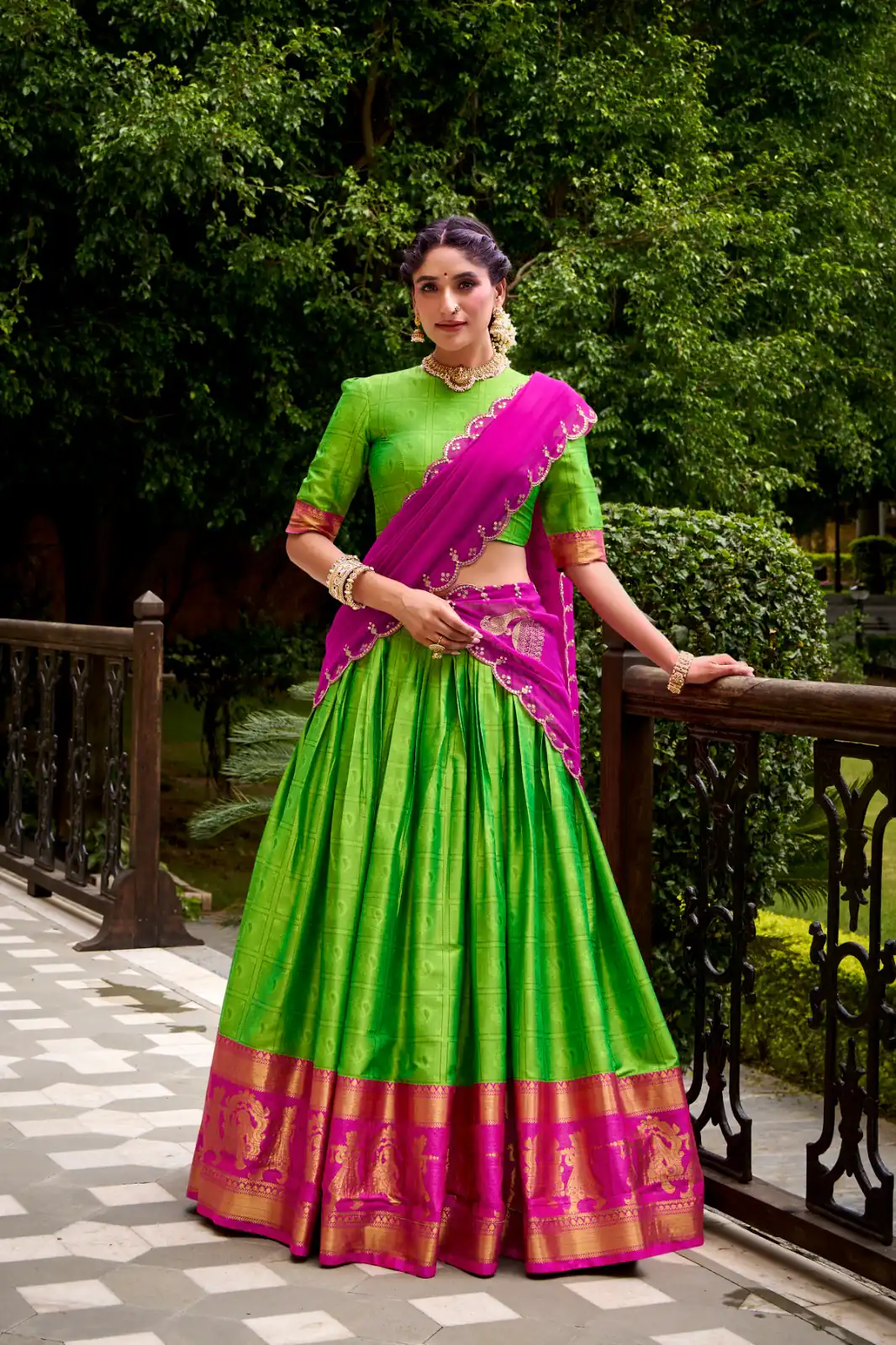 Parrot Green Poly Cotton Embroidery Zari Work Lehenga Choli