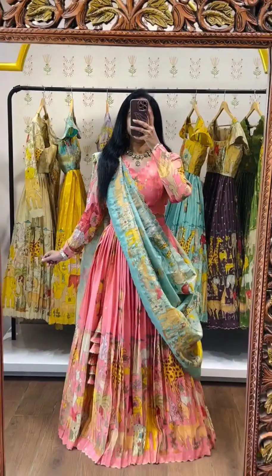Peach Cotton Kalamkari Print Lehenga Choli