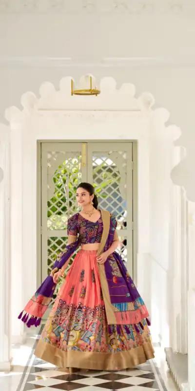 LNB 1017 Peach Dola Silk Lehenga Choli. Perfect for Wedding, Party, Pooja, Reception, Bridal Wear – Available at ₹1899 only. Delivery 4-6 Working Day | Lehenga, Bollywood Lehenga, Creative Lehenga, Designer Lehenga, Embroidered Lehenga, Party Wear Lehenga
