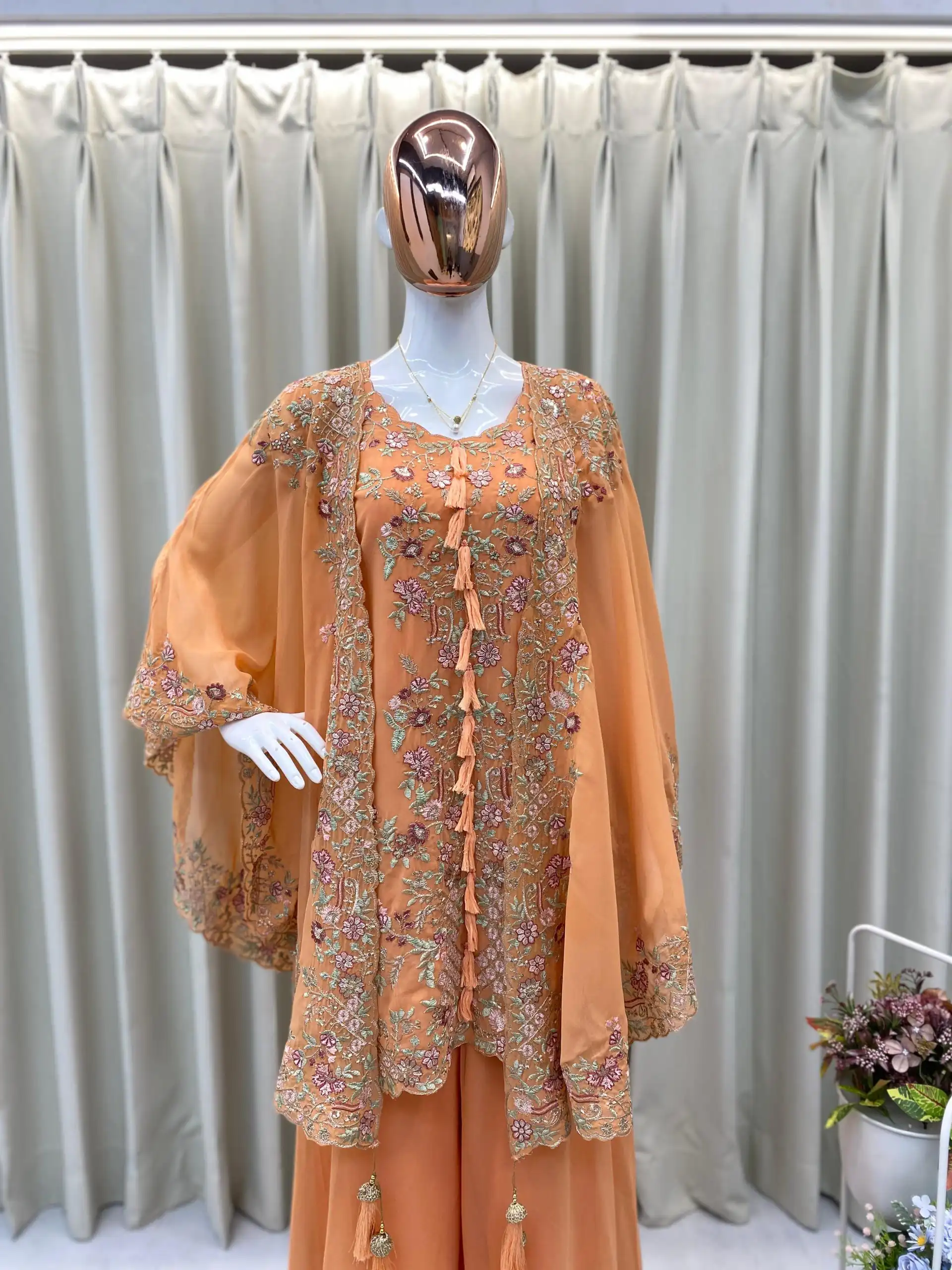 Peach Faux Georgette Embroidery Work Salwar Suit - Image 2