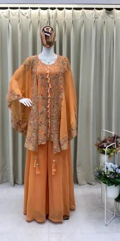 Peach Faux Georgette Embroidery Work Salwar Suit