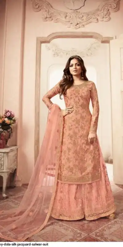 FC L.t 5401 Peach Color Jacquard Silk Georgette Diamond Sharara Suit Wedding, Party, Festive Expected Delivery 4-6 Working Days  @2999/- | Jump Suits, Salwar suit, Casual Suits, Creative suits, Designer Suits, Palazzo Suits, Party Wear Suits, Patiala Suits, Straight Suits