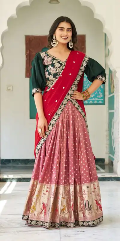 Ram 104 Peach mono silk Lehenga Choli Perfect for Wedding, Party, Anniversary, Onam, Ethnic Day – . Festive Deal ₹3149. Delivery 4-6 Working Days. | Lehenga, Bollywood Lehenga, Creative Lehenga, Designer Lehenga, Embroidered Lehenga, Party Wear Lehenga