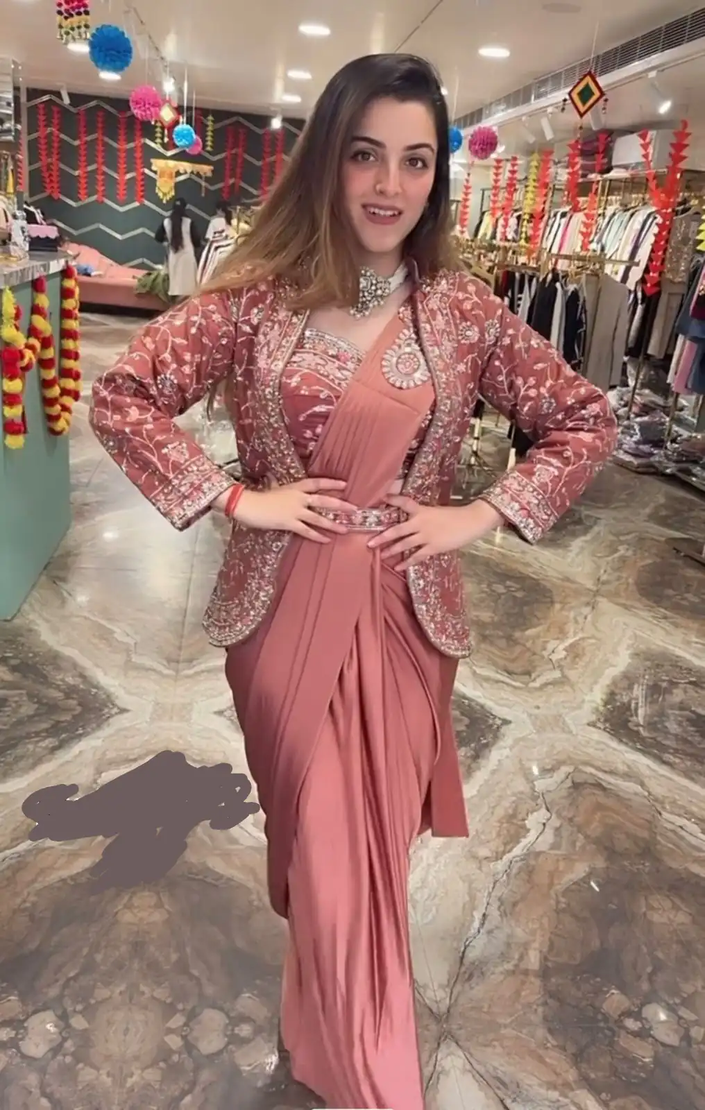 Peach Rangoli Silk Embroidery Work Saree