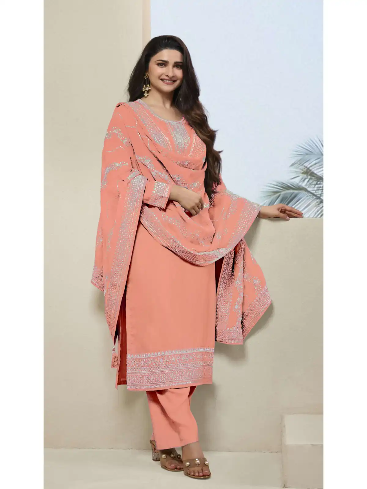Peach Vichitra Embroidery Work Salwar Suit