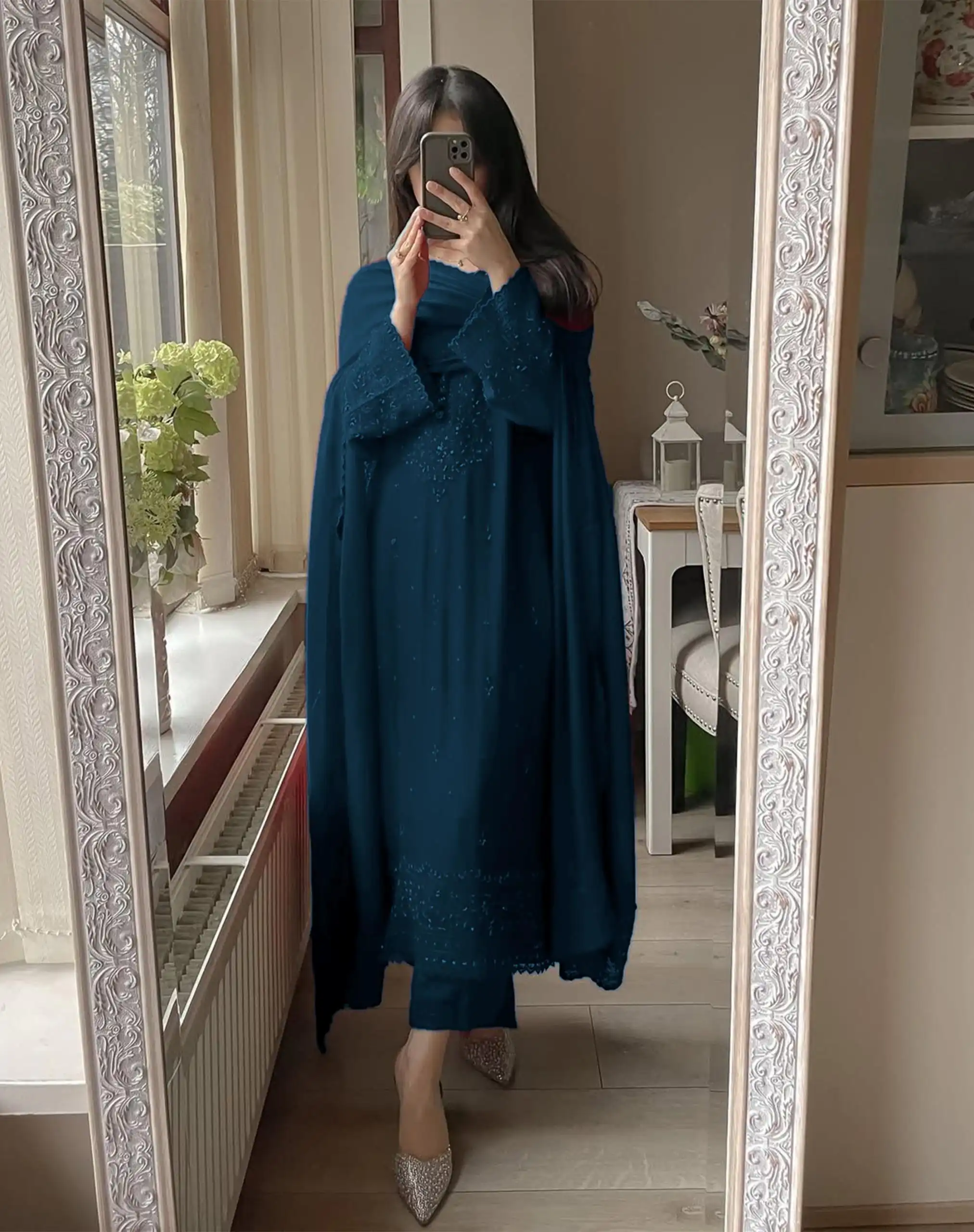 Peacock Blue Georgette Embroidery Work Salwar Suit - Image 4