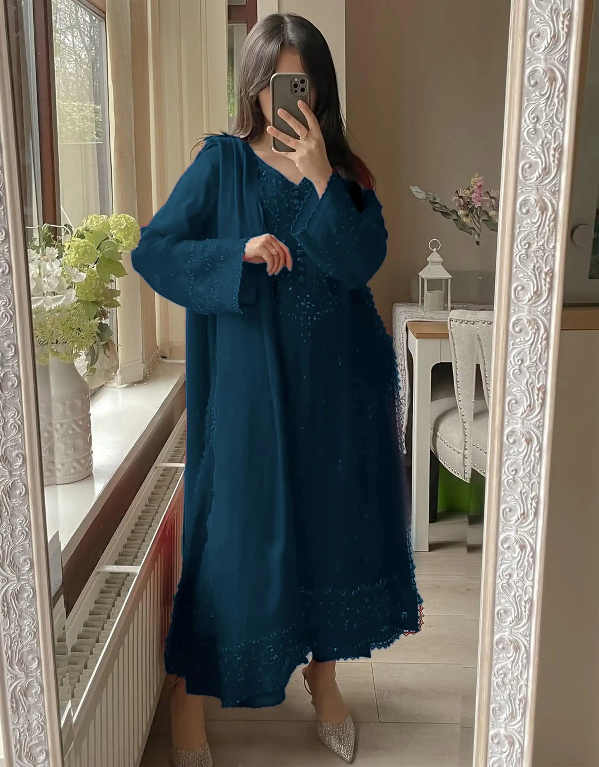 Peacock Blue Georgette Embroidery Work Salwar Suit - Image 3