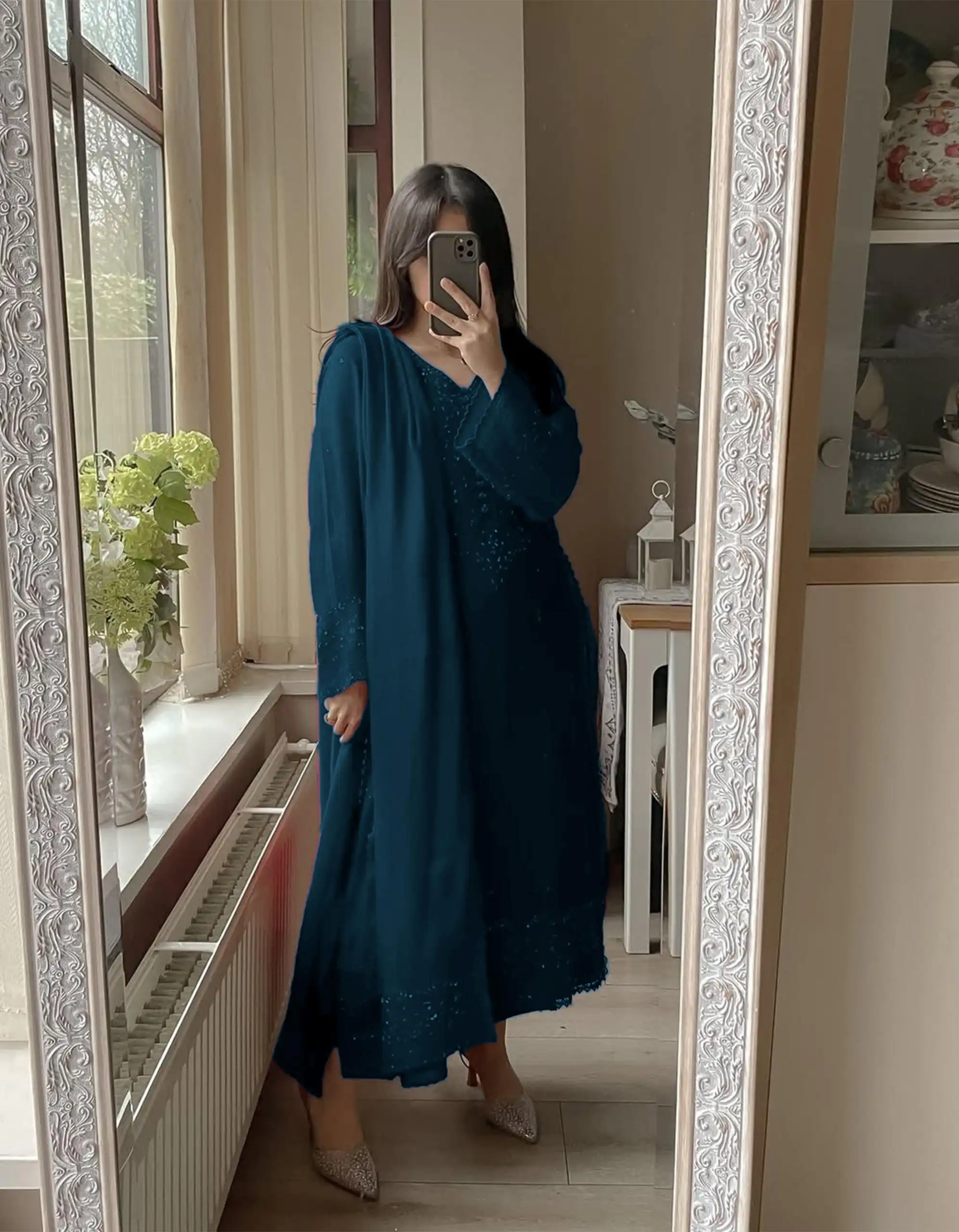 Peacock Blue Georgette Embroidery Work Salwar Suit - Image 2