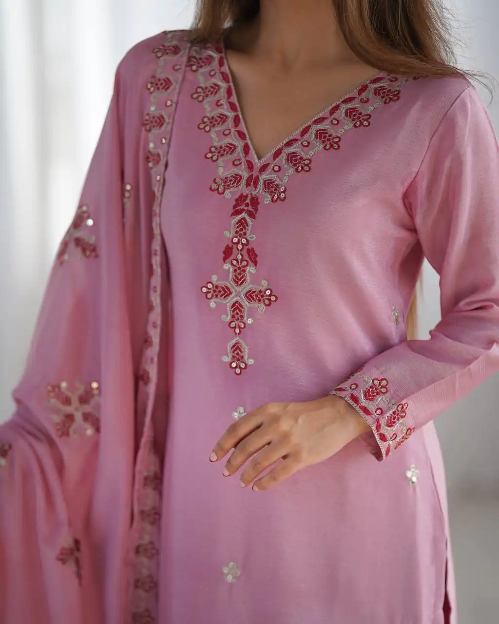 Pink Chinnon Silk Lace Embroidery Work Salwar Suit - Image 6