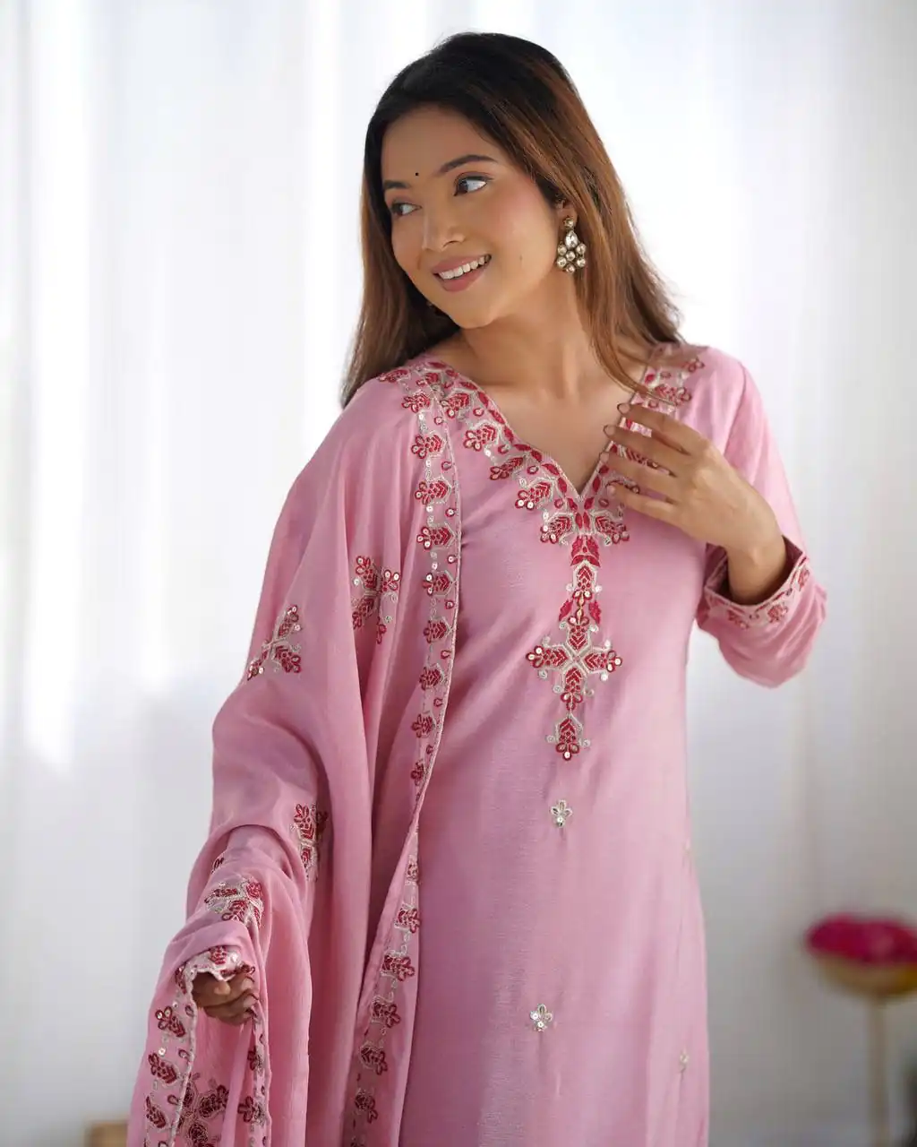 Pink Chinnon Silk Lace Embroidery Work Salwar Suit - Image 4