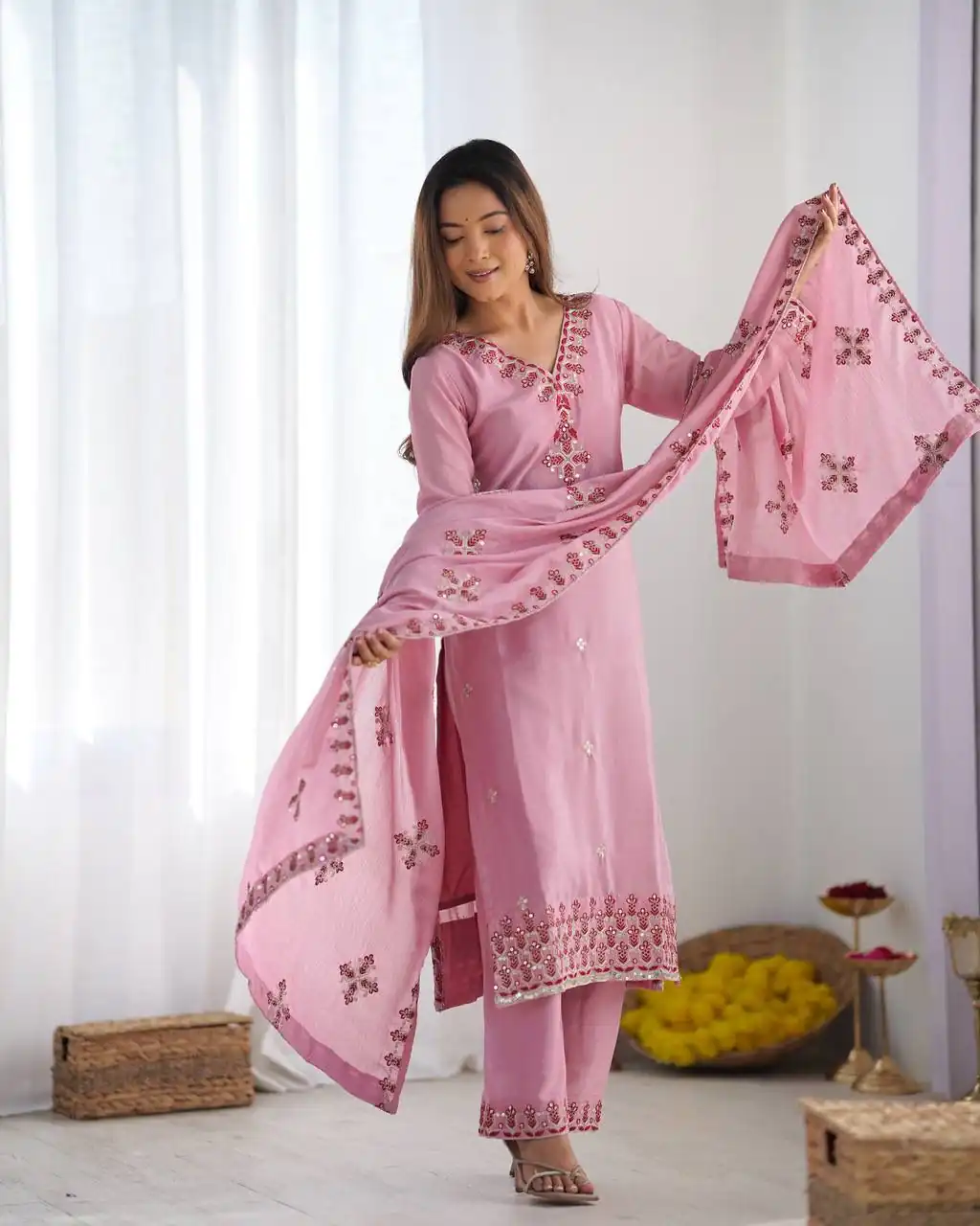 Pink Chinnon Silk Lace Embroidery Work Salwar Suit - Image 3