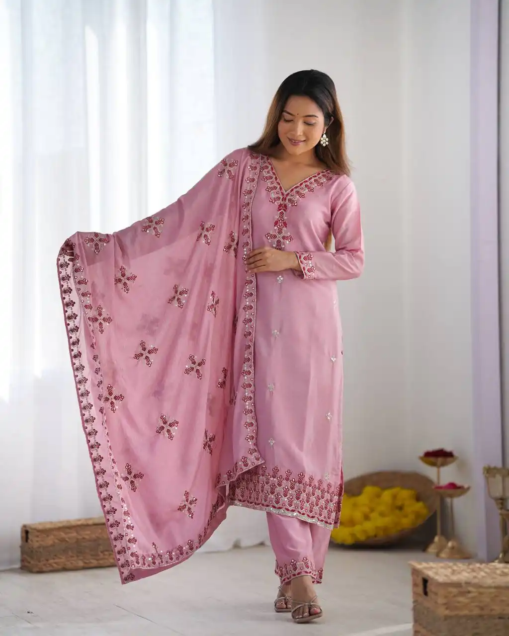 Pink Chinnon Silk Lace Embroidery Work Salwar Suit - Image 2