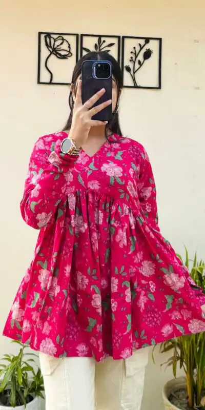 Pink Cotton With Printed Kurti