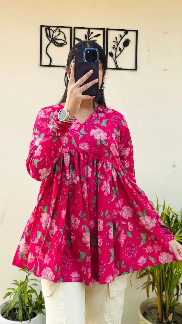Pink Cotton With Printed Kurti