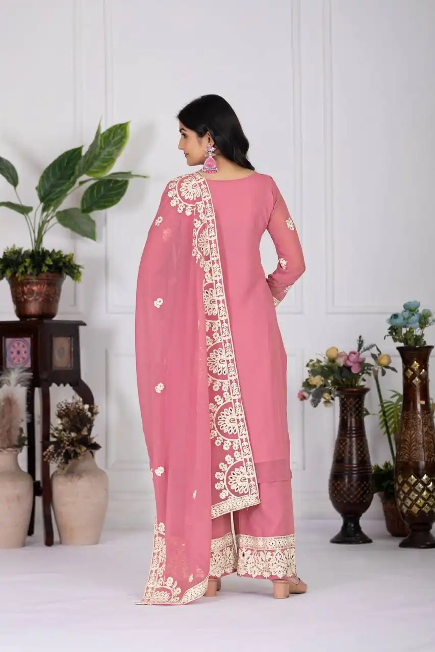 Pink Faux Georgette With Embroider Salwar Suit - Image 3
