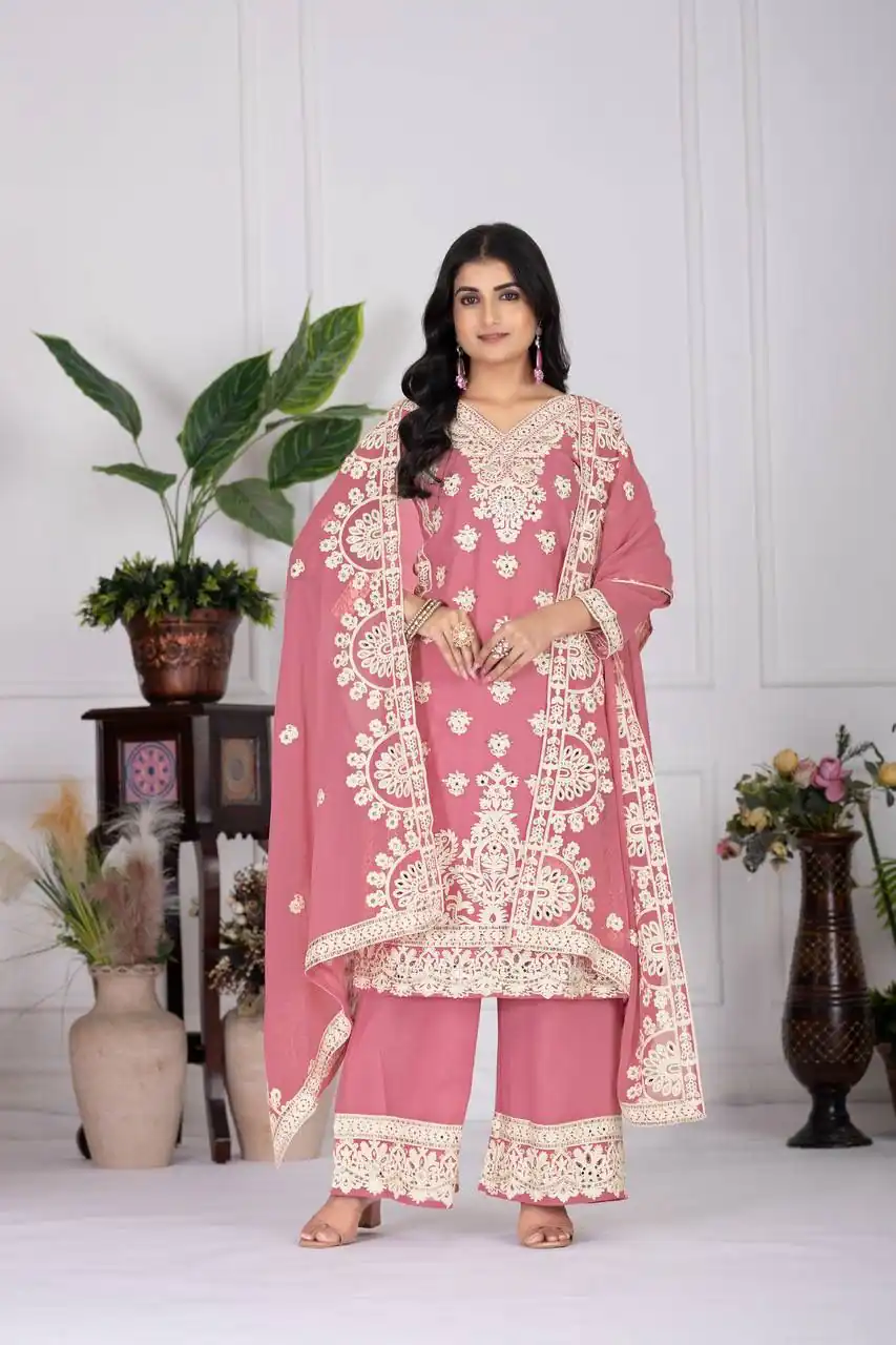 Pink Faux Georgette With Embroider Salwar Suit - Image 2