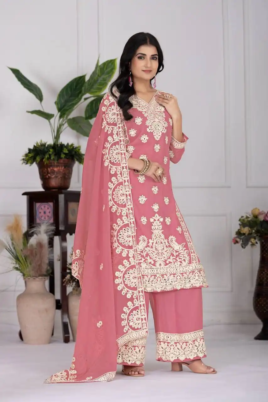 Pink Faux Georgette With Embroider Salwar Suit