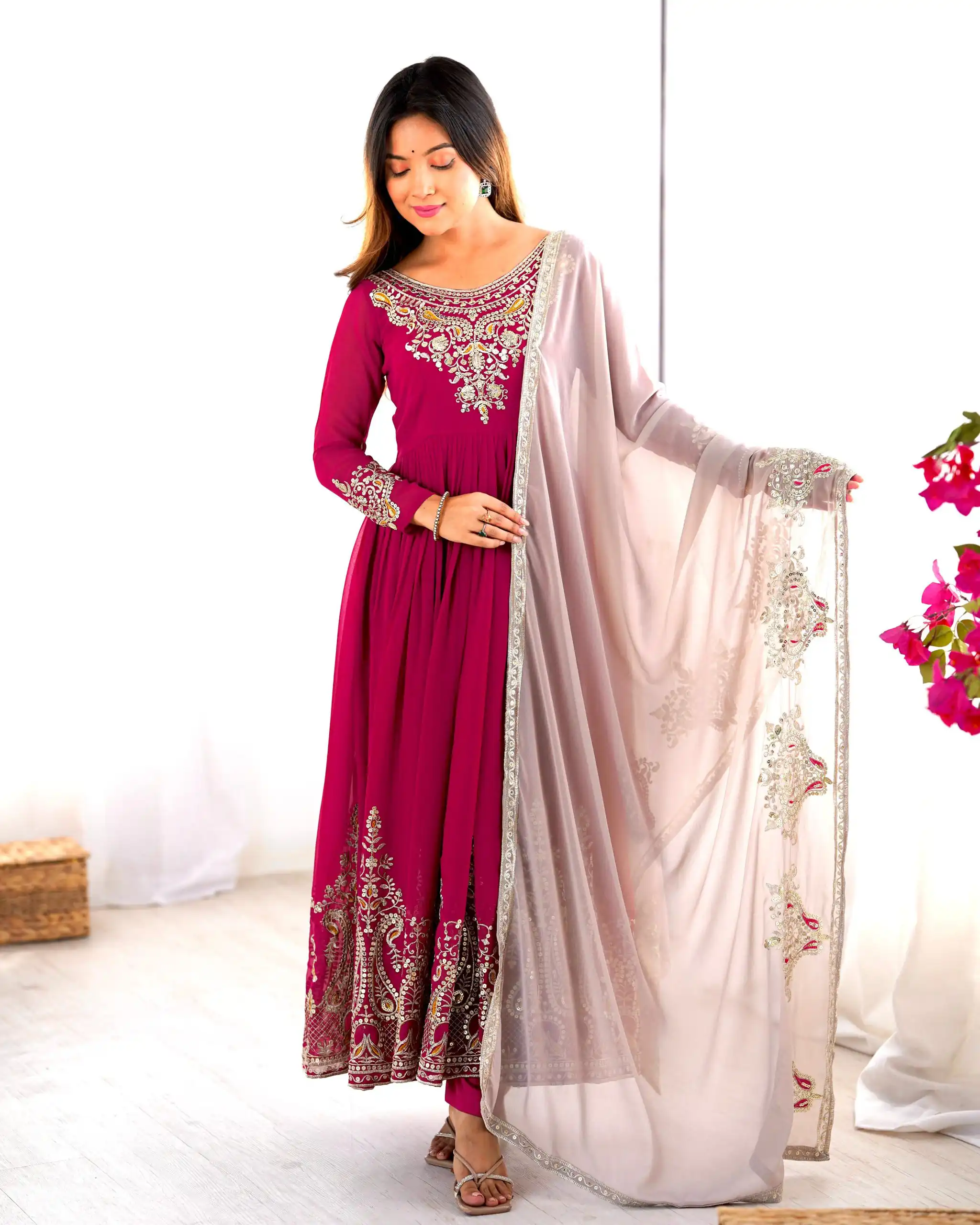 ZF 5008 Pink Georgette Gown with Embroidery Work. Wedding, Party, Festive, Events, Special Price ₹2049. Delivery 4-6 Working Days. Shop now. | Jump Suits, Salwar suit, Casual Suits, Creative suits, Designer Suits, Palazzo Suits, Party Wear Suits, Patiala Suits, Straight Suits