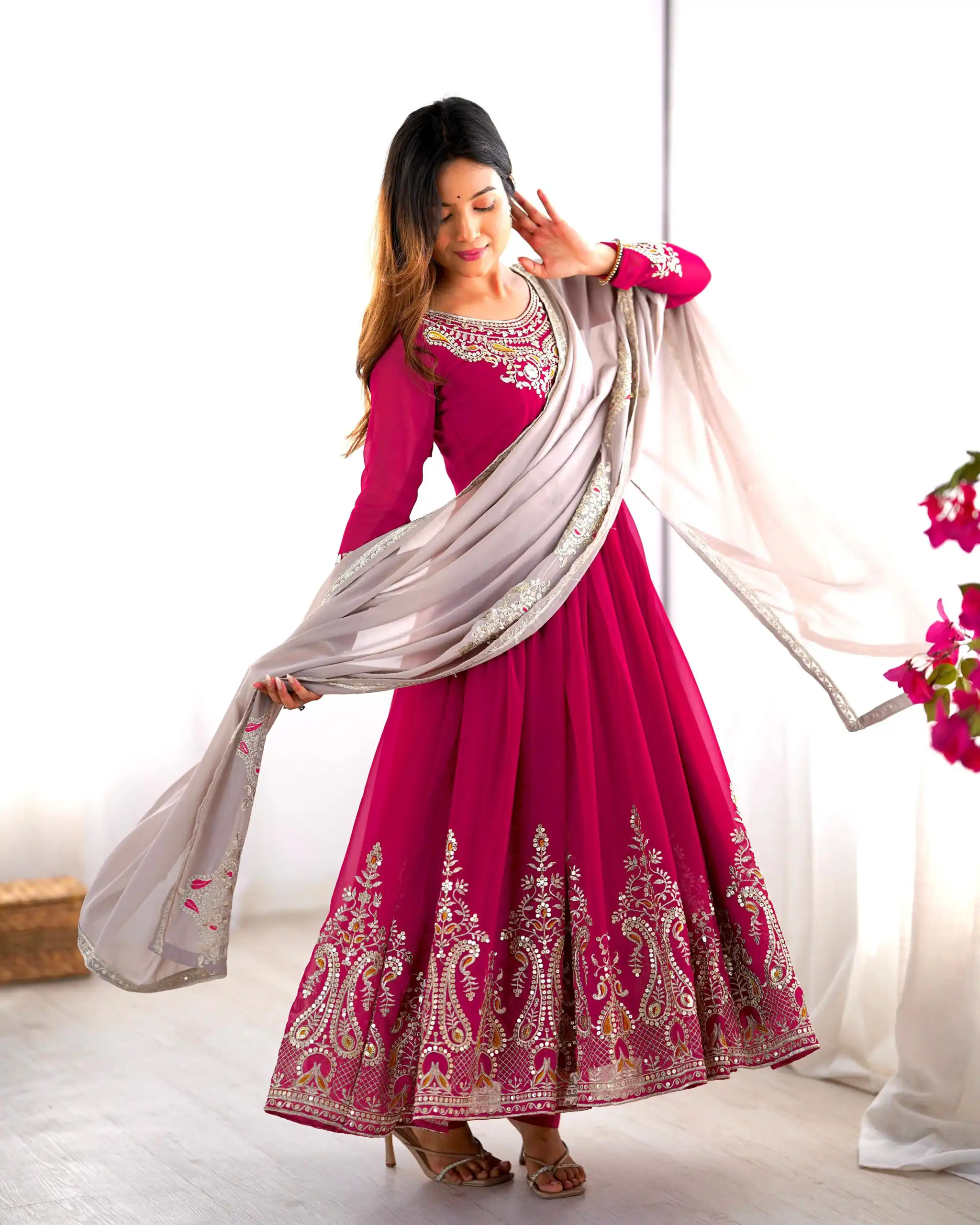 ZF 5008 Pink Georgette Gown with Embroidery Work. Wedding, Party, Festive, Events, Special Price ₹2049. Delivery 4-6 Working Days. Shop now. | Jump Suits, Salwar suit, Casual Suits, Creative suits, Designer Suits, Palazzo Suits, Party Wear Suits, Patiala Suits, Straight Suits