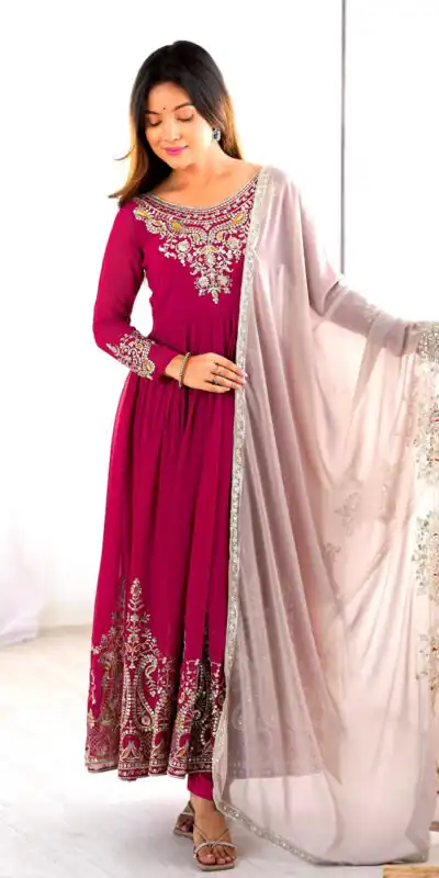 ZF 5008 Pink Georgette Gown with Embroidery Work. Wedding, Party, Festive, Events, Special Price ₹2049. Delivery 4-6 Working Days. Shop now. | Jump Suits, Salwar suit, Casual Suits, Creative suits, Designer Suits, Palazzo Suits, Party Wear Suits, Patiala Suits, Straight Suits
