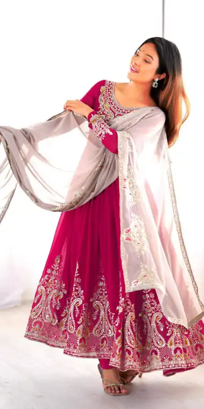 ZF 5008 Pink Georgette Gown with Embroidery Work. Wedding, Party, Festive, Events, Special Price ₹2049. Delivery 4-6 Working Days. Shop now. | Jump Suits, Salwar suit, Casual Suits, Creative suits, Designer Suits, Palazzo Suits, Party Wear Suits, Patiala Suits, Straight Suits