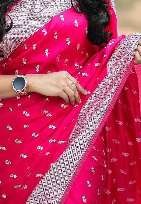 Pink Lichi Silk Border Lace Work Saree - Image 3