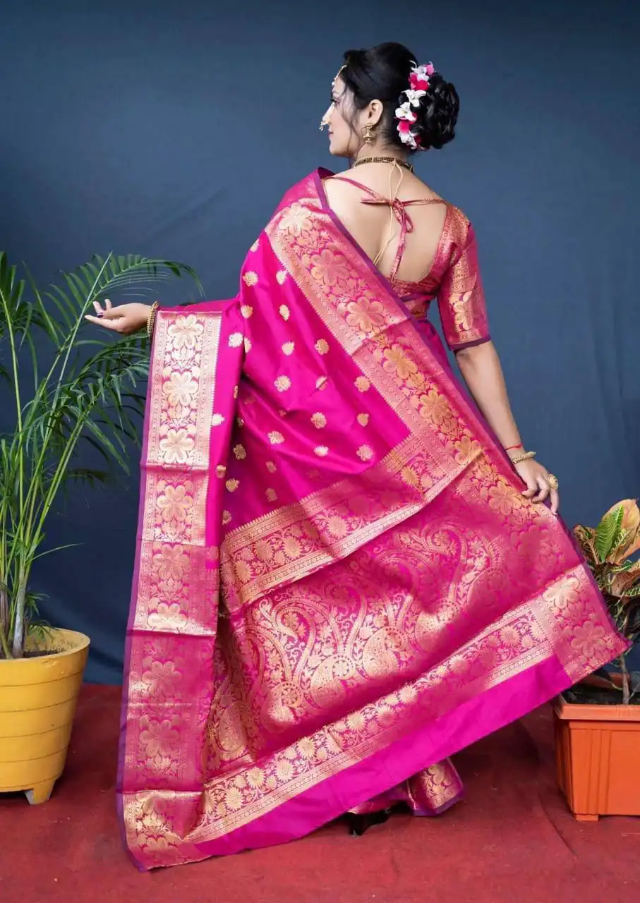 Pink Lichi Silk Border Work Saree - Image 3