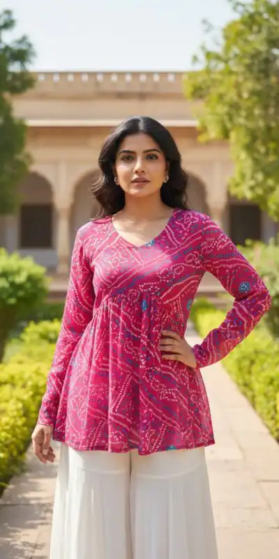 INLI Bandhej Pink Color Pure Georgette Kurti with Designer Work. Wedding, Party, Festive, Events Best Price ₹1349. Delivery 4-6 Working Days. Shop now. | Kurti, Bollywood Kurti, Creative Kurtis, Designer Kurti, Party Wear Kurti, Selfie Kurti
