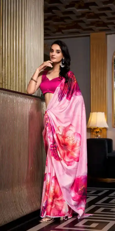 YNF 7026 Pink Color Satin Silk Printed Saree Casual, Wedding, Festive, Events . Expected Delivery  4-6 Working Days @1599/- only                                                                                                                                           | Sarees, Bollywood Sarees, Creative Sarees, Designer Sarees, Embroidered Sarees, Ethnic Saree, Modern Digital sarees, Party Wear Sarees