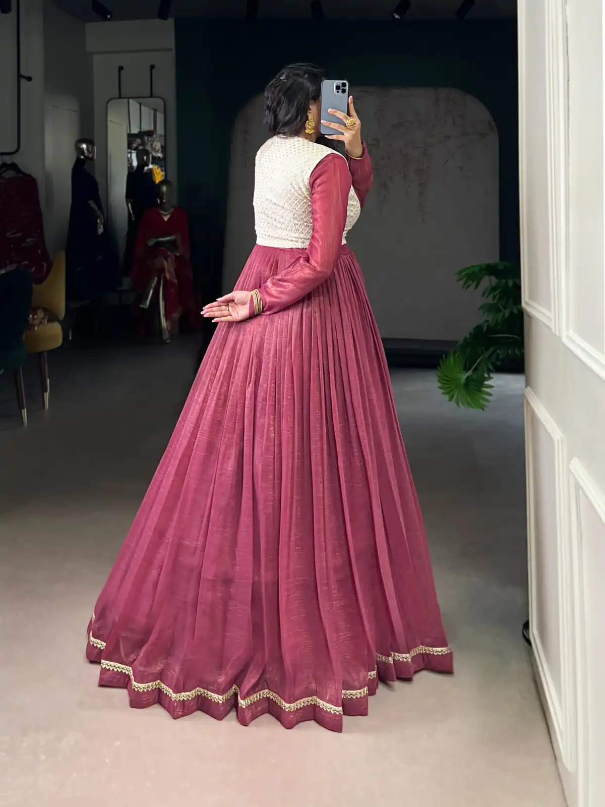 Pink Silver Glossy Sequins Embroidery Work Gown - Image 4