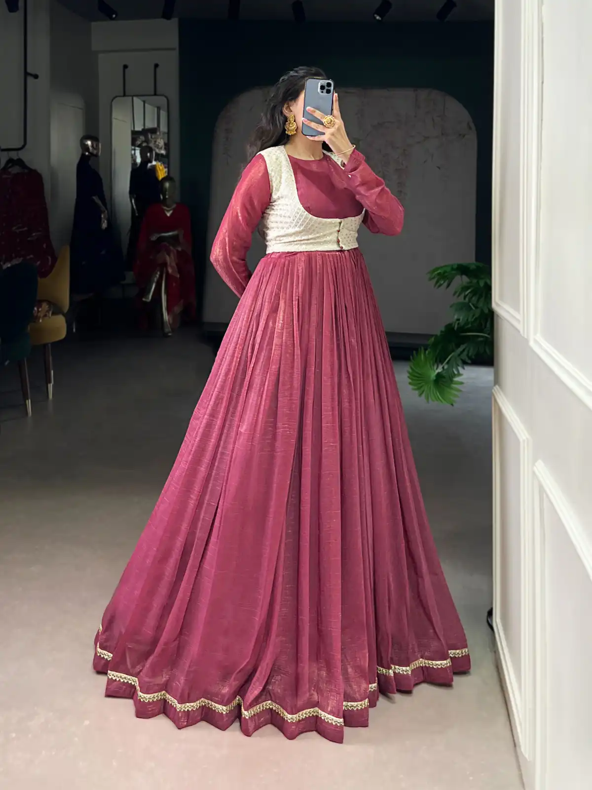 Pink Silver Glossy Sequins Embroidery Work Gown - Image 2