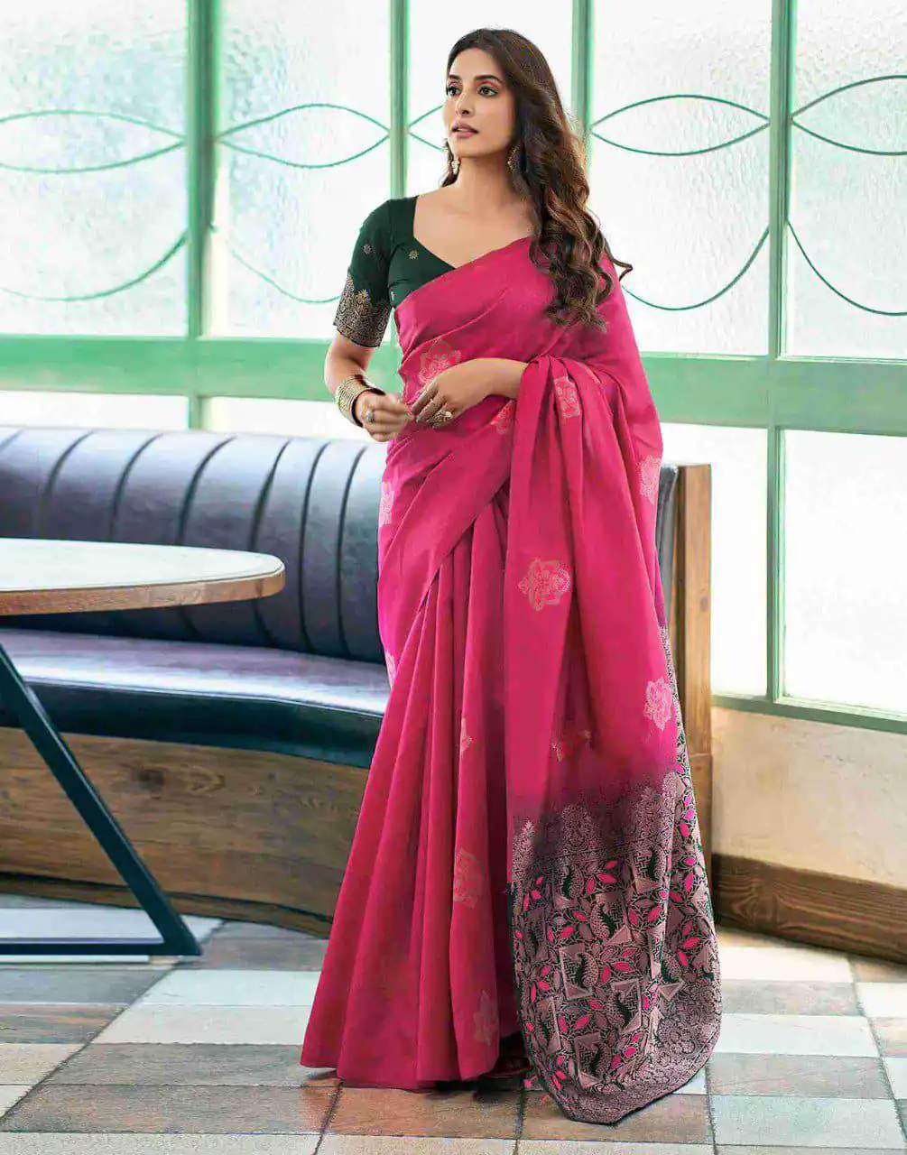 Pink Soft Lichi Silk Lace Border Work Saree - Image 5