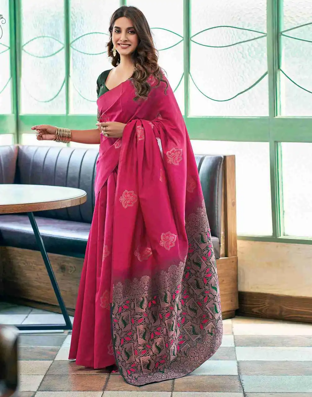Pink Soft Lichi Silk Lace Border Work Saree