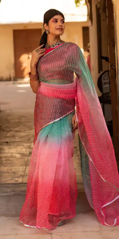 Pink Soft T.b. Organza Silk Sequins Work Saree