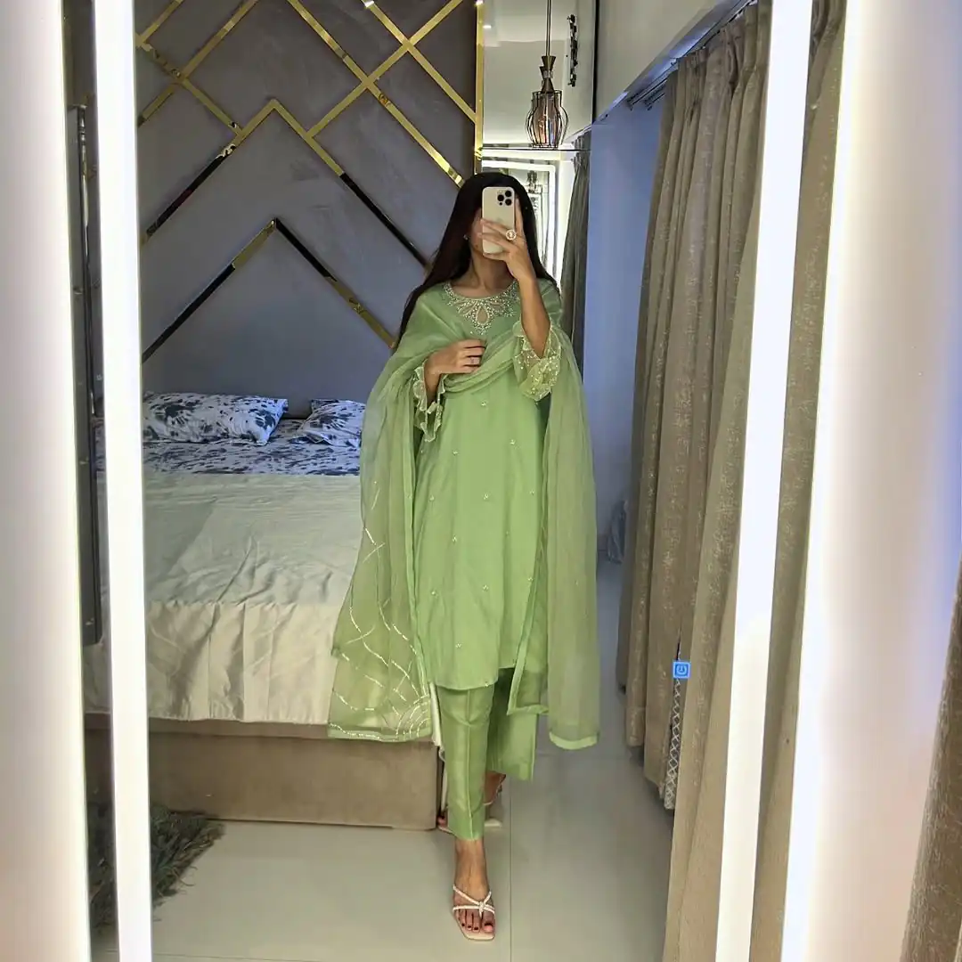 Pista Moss Satin Embroidery Bead Work Salwar Suit - Image 2