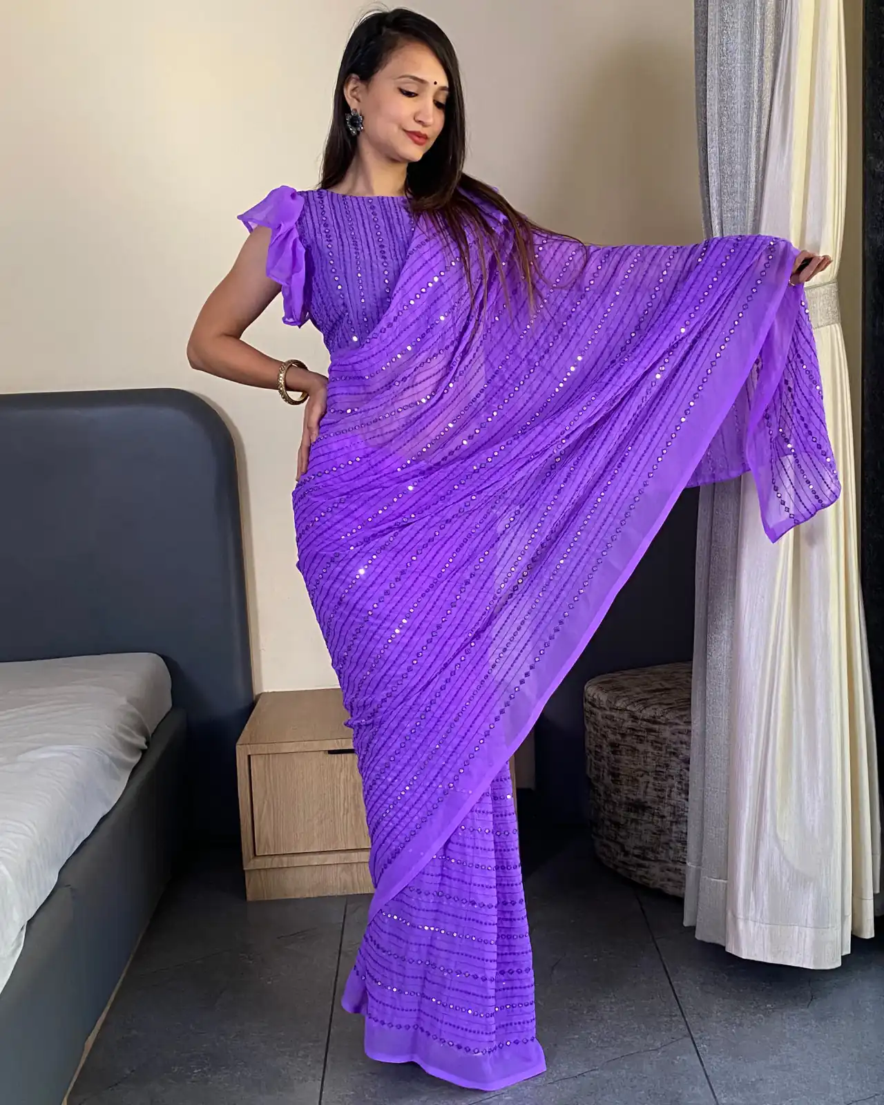Purple Fox Georgette Embroidery Work Saree - Image 2
