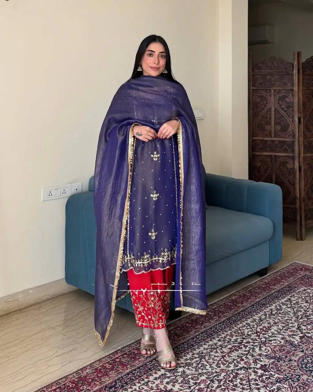 Purple Gold Crushe Silk Embroidery Work Salwar Suit - Image 2